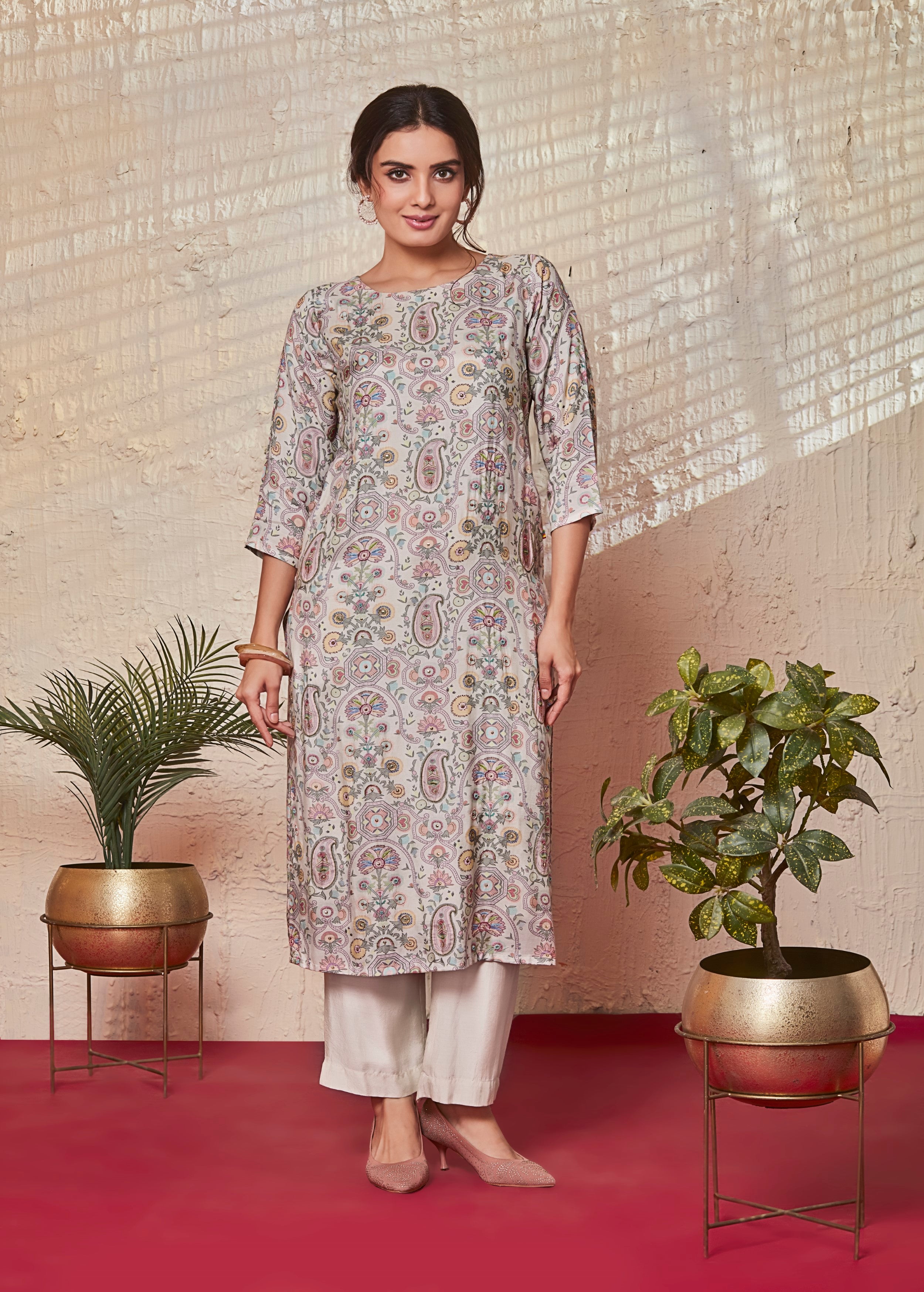 Light Cream Printed Raw Silk Kurta Set