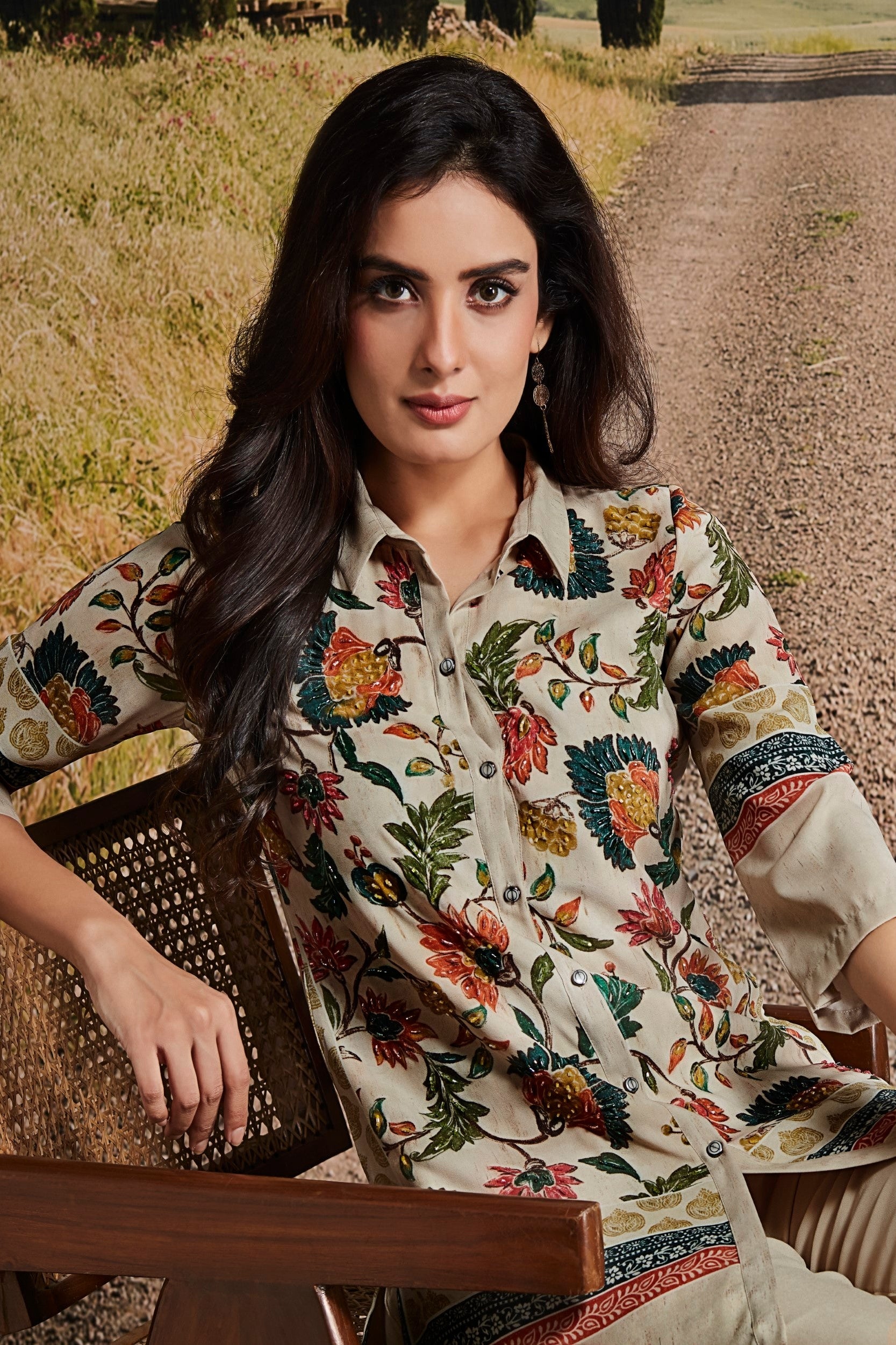 Light Beige Floral Printed Chinon Silk Co-Ord Set