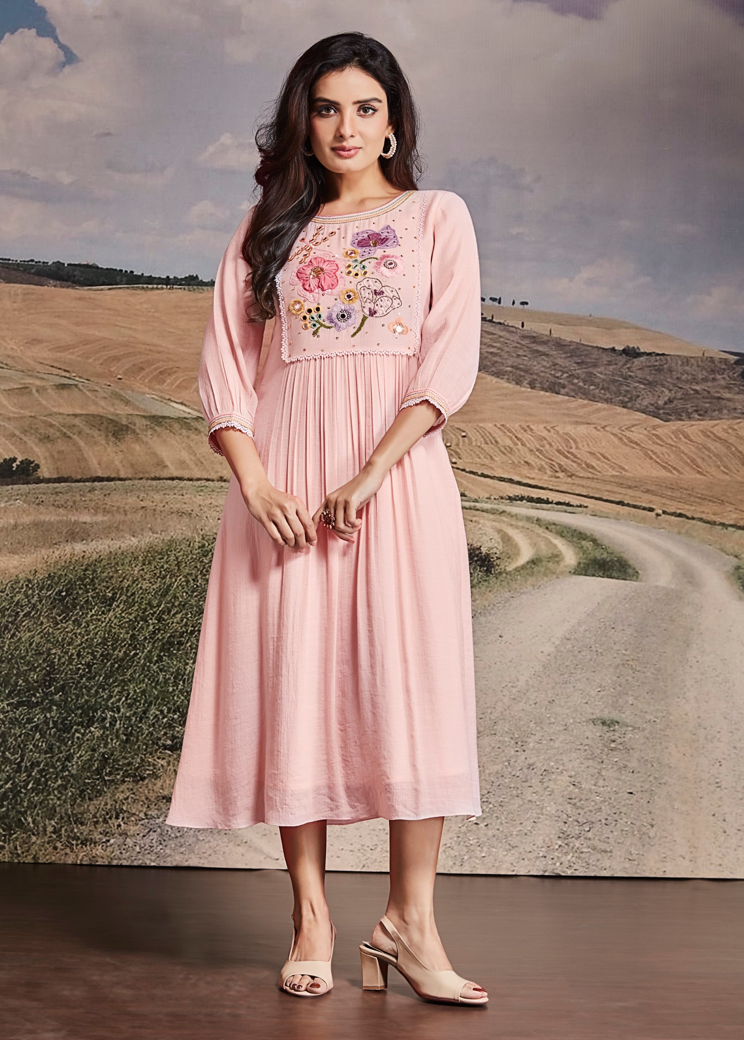 Dusty Pink Embellished Cotton Linen Dress