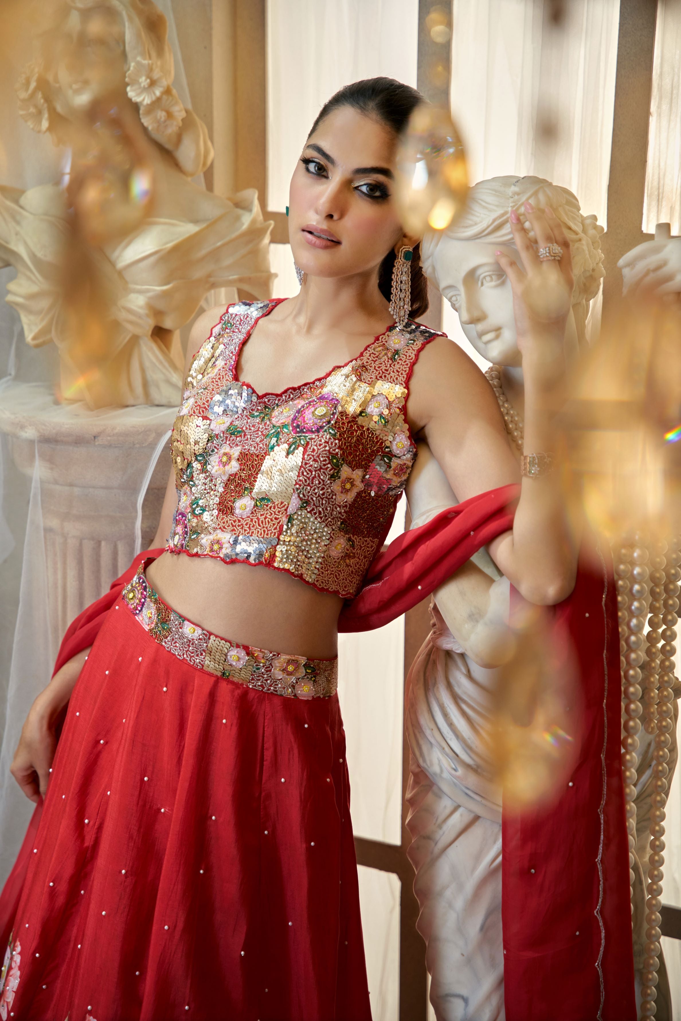 Red Floral Printed Premium Silk Lehenga Set