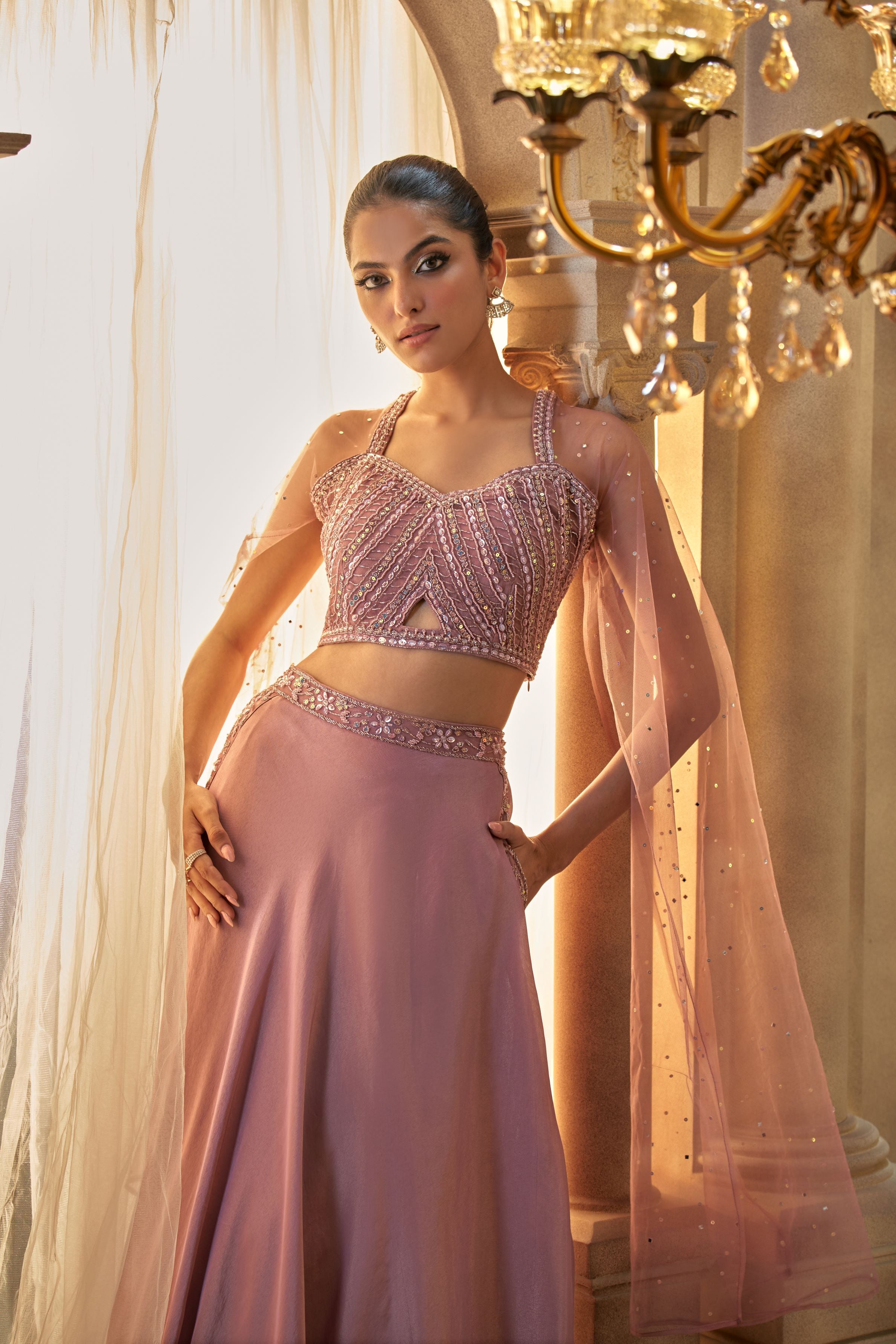 Rose Gold Embellished Cape Lehenga Set