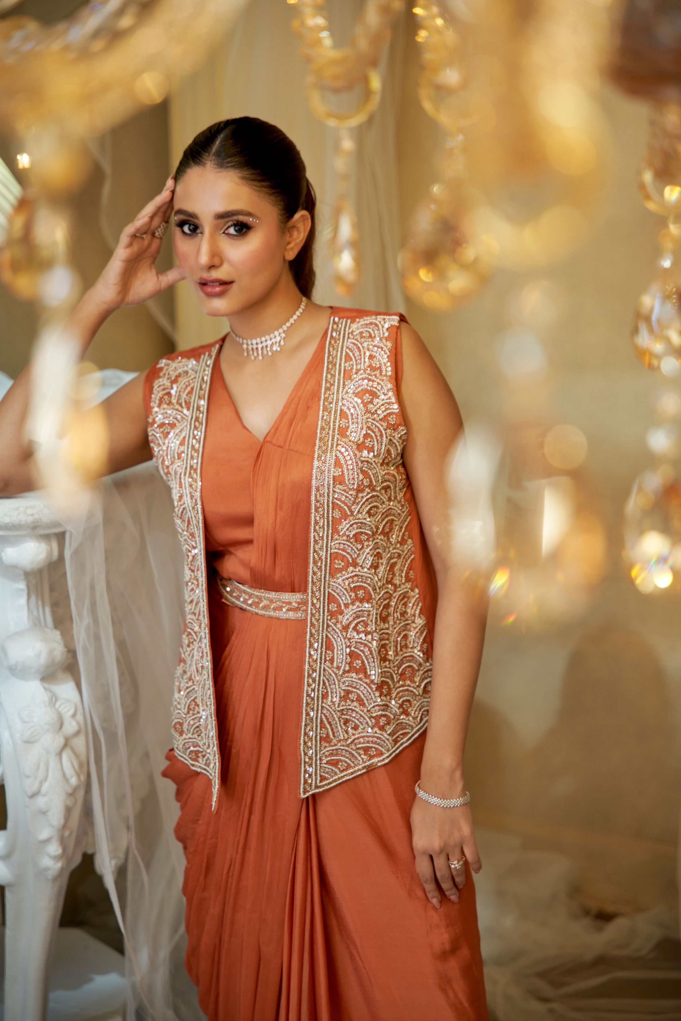 Orange Embellished Chinon Silk Draped Jacket Gown