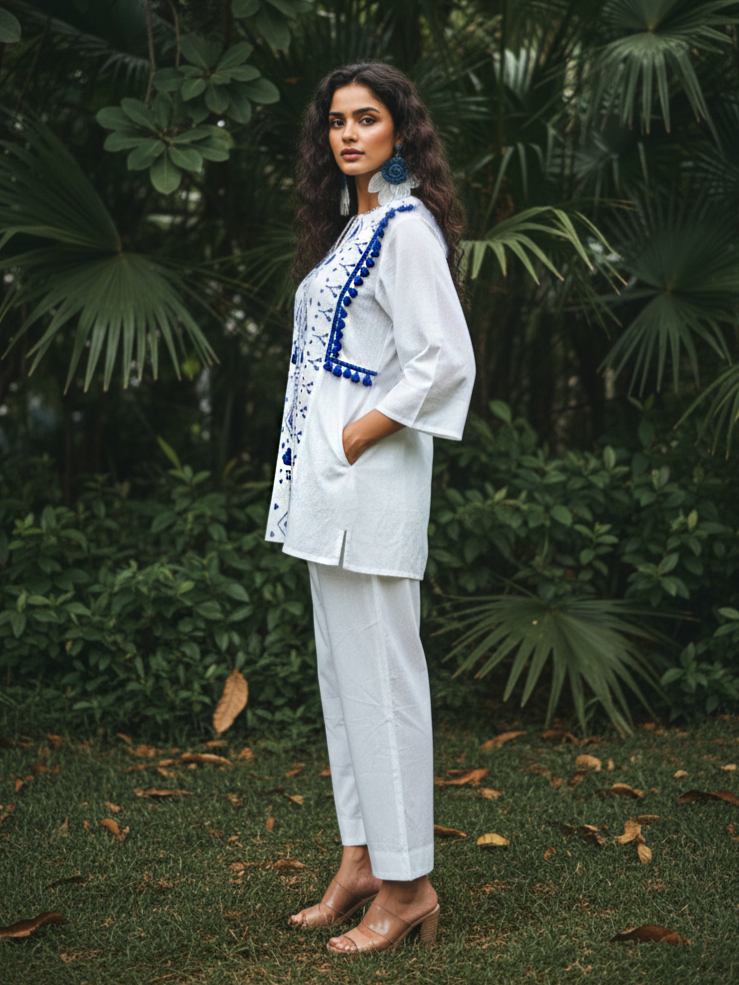 White & Blue Geometric Embroidered Cotton Co-Ord  Set