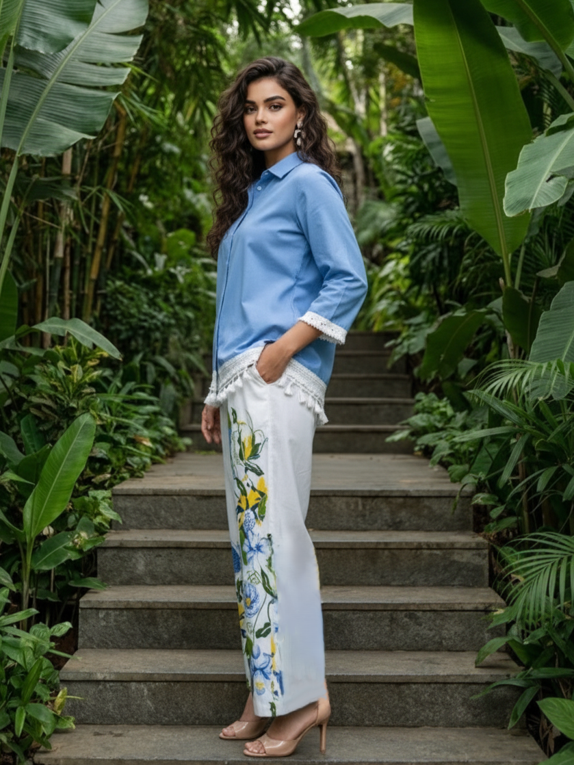 Sky Blue & White Tropical Printed Cotton Co-ord Set