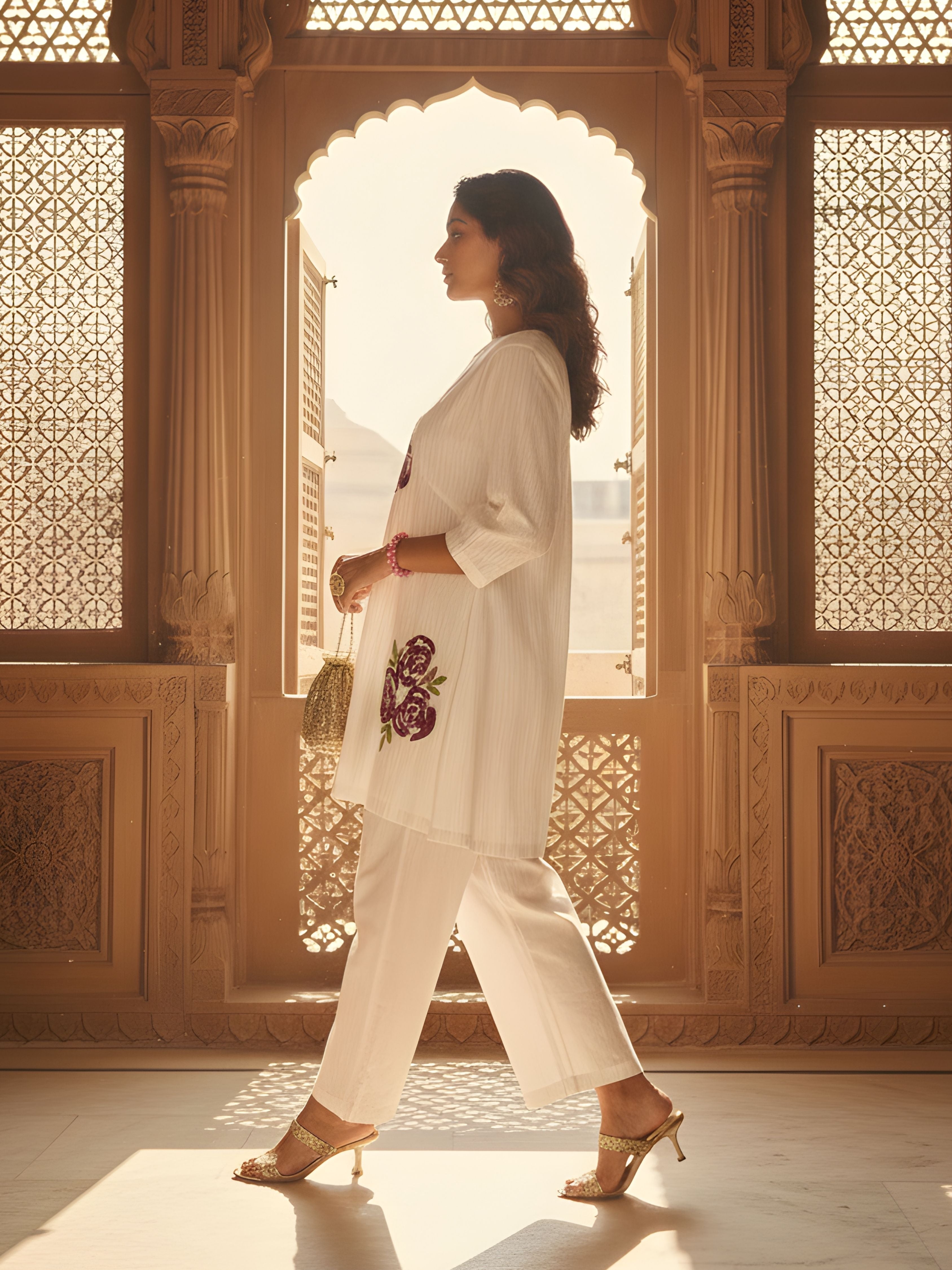 White Floral Embroidered Cotton Co-Ord Set