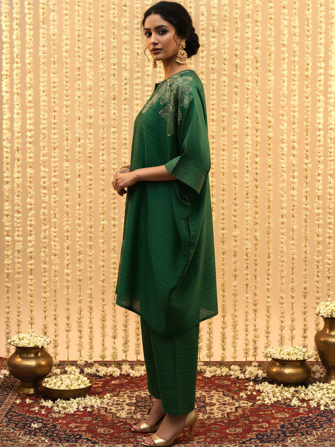 Bottle Green Embroidered Premium Silk Kaftan Set