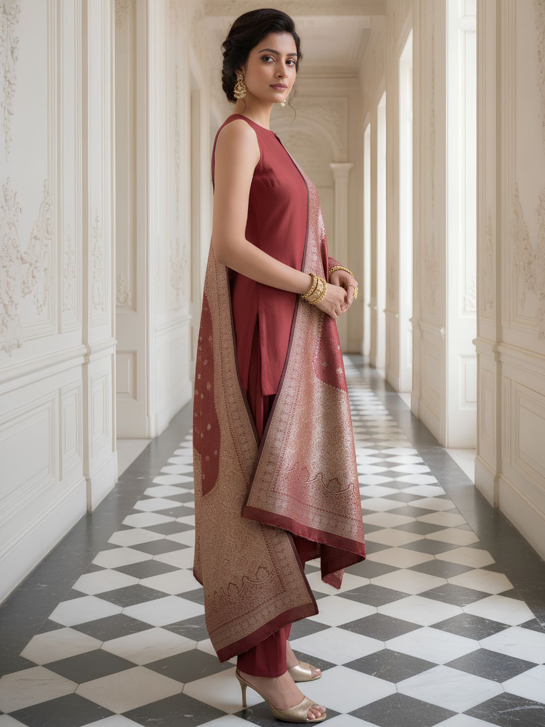 Brick Red Embroidered Banarasi Silk Salwar Set