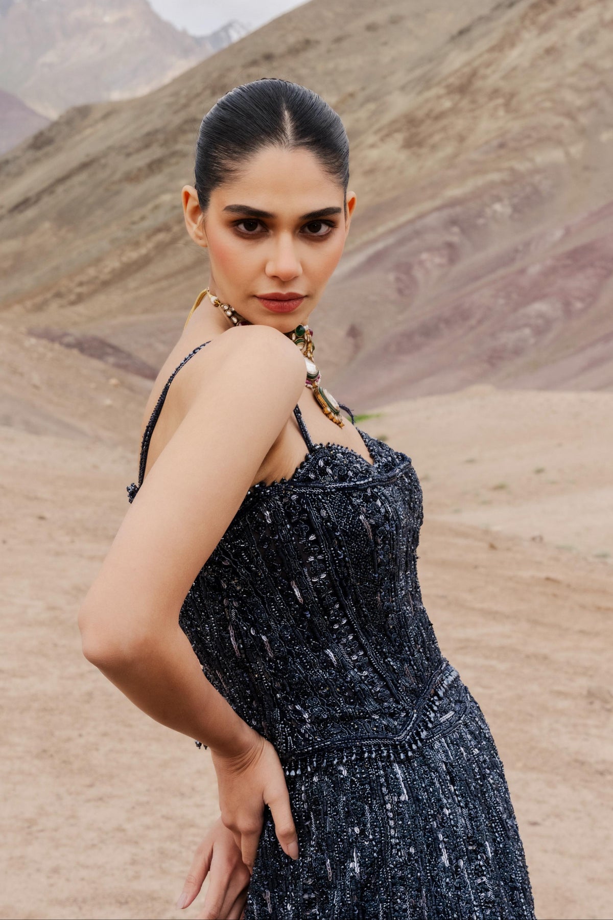 Midnight Navy Blue Embellished Premium Net Lehenga Set
