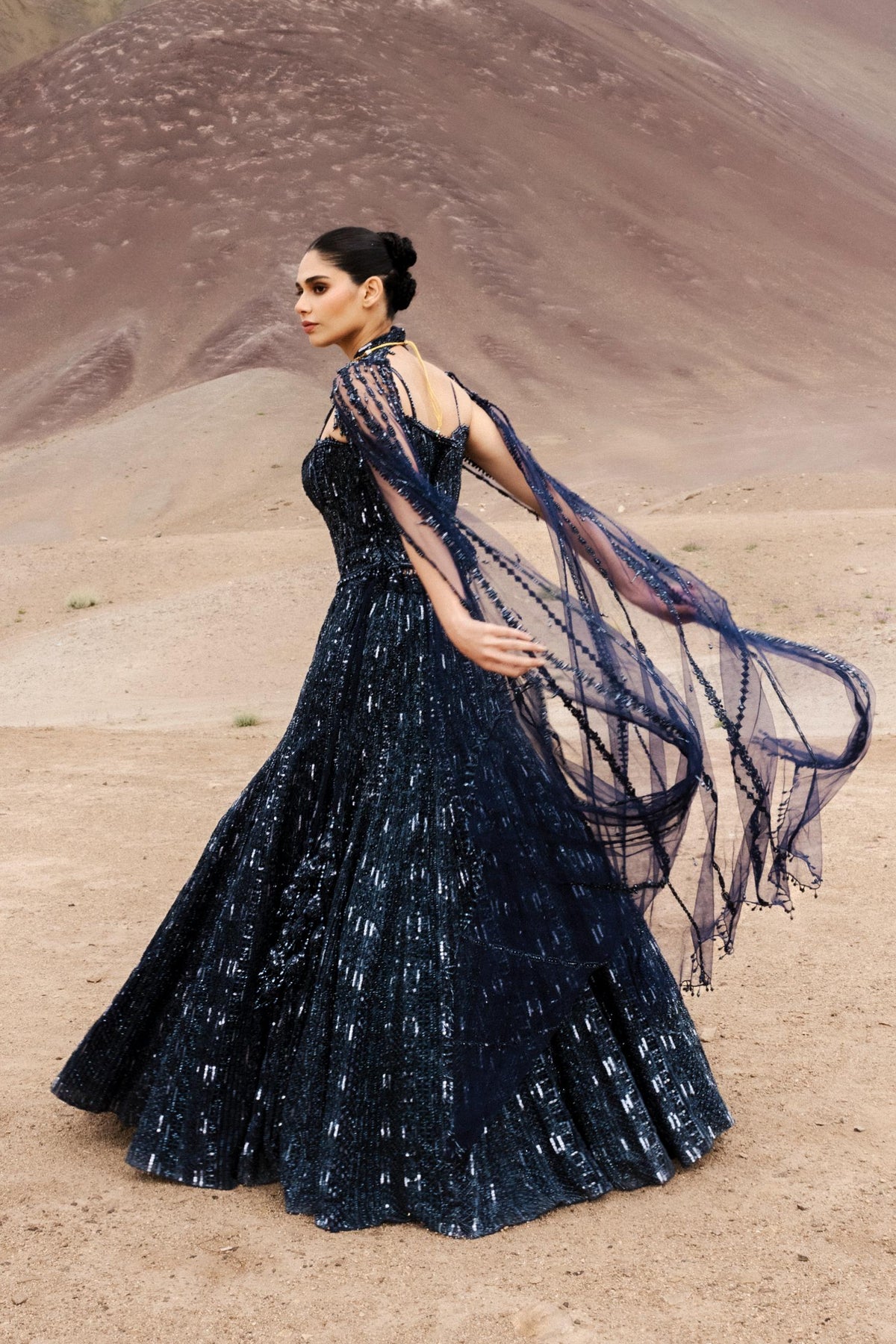 Midnight Navy Blue Embellished Premium Net Lehenga Set