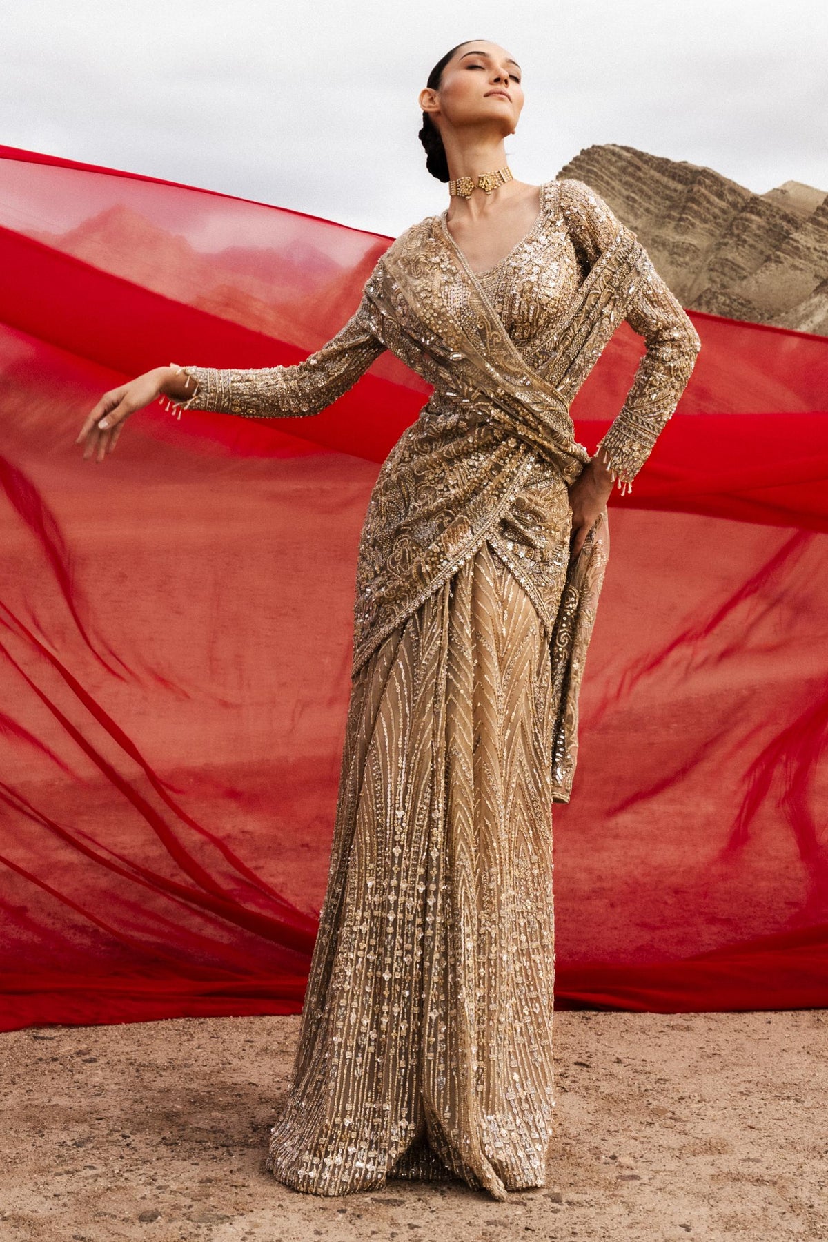 Metallic Gold Embellished Premium Net Saree Lehenga