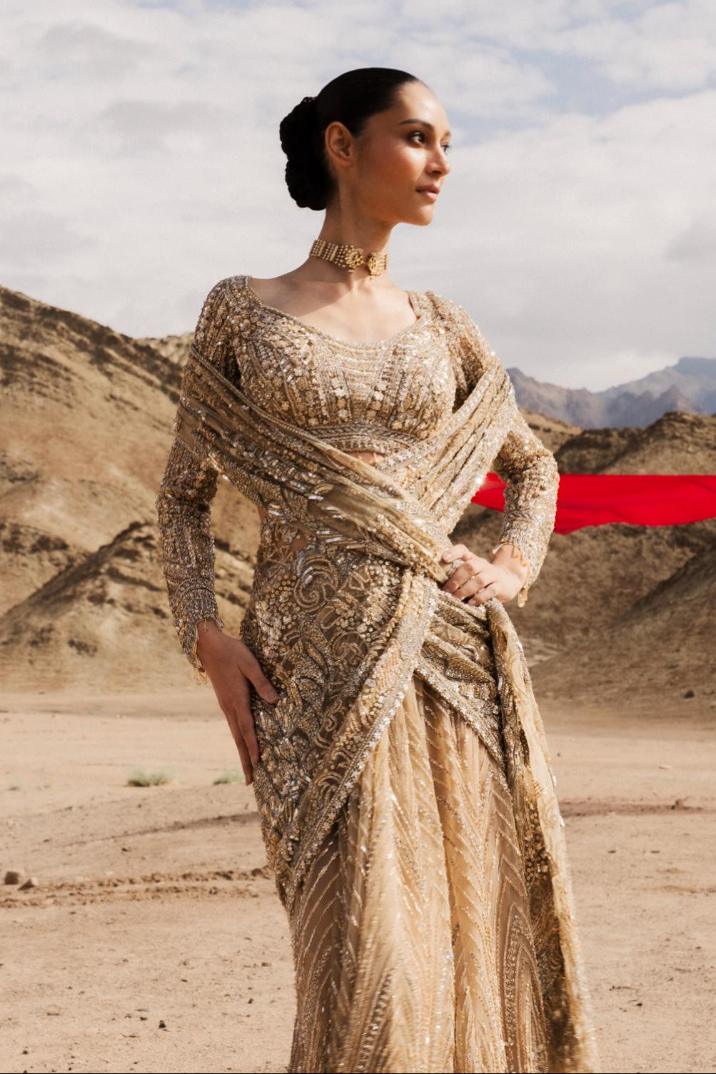 Metallic Gold Embellished Premium Net Saree Lehenga