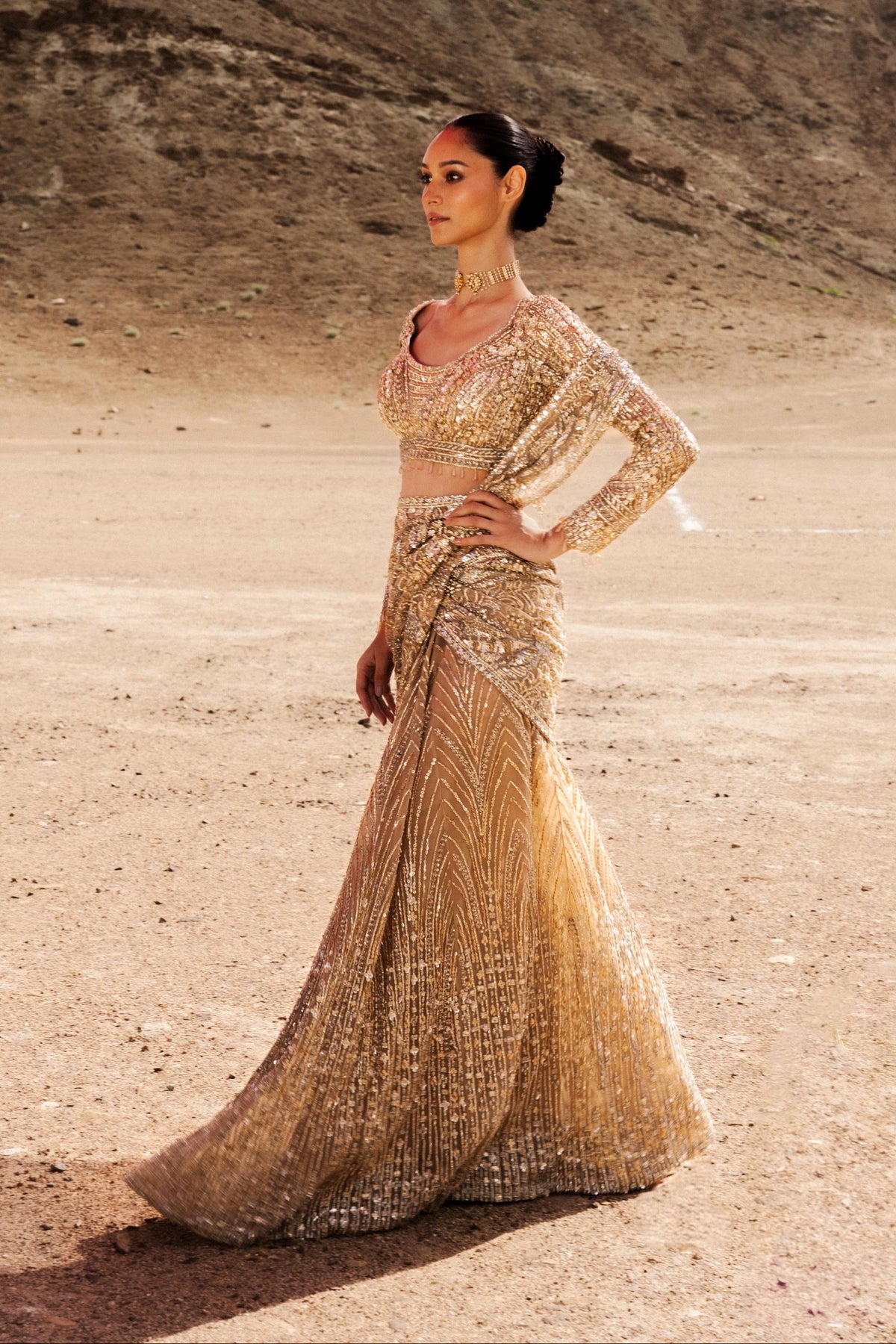 Metallic Gold Embellished Premium Net Saree Lehenga