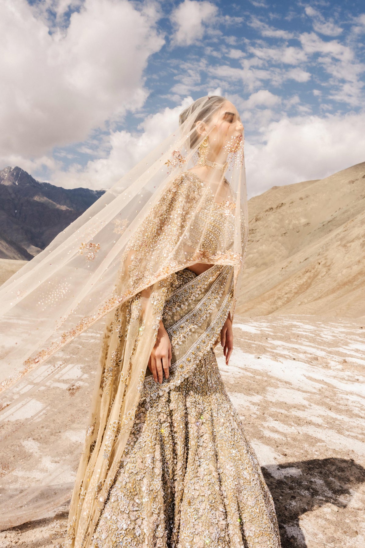 Champagne Gold Embellished Premium Net Saree Lehenga