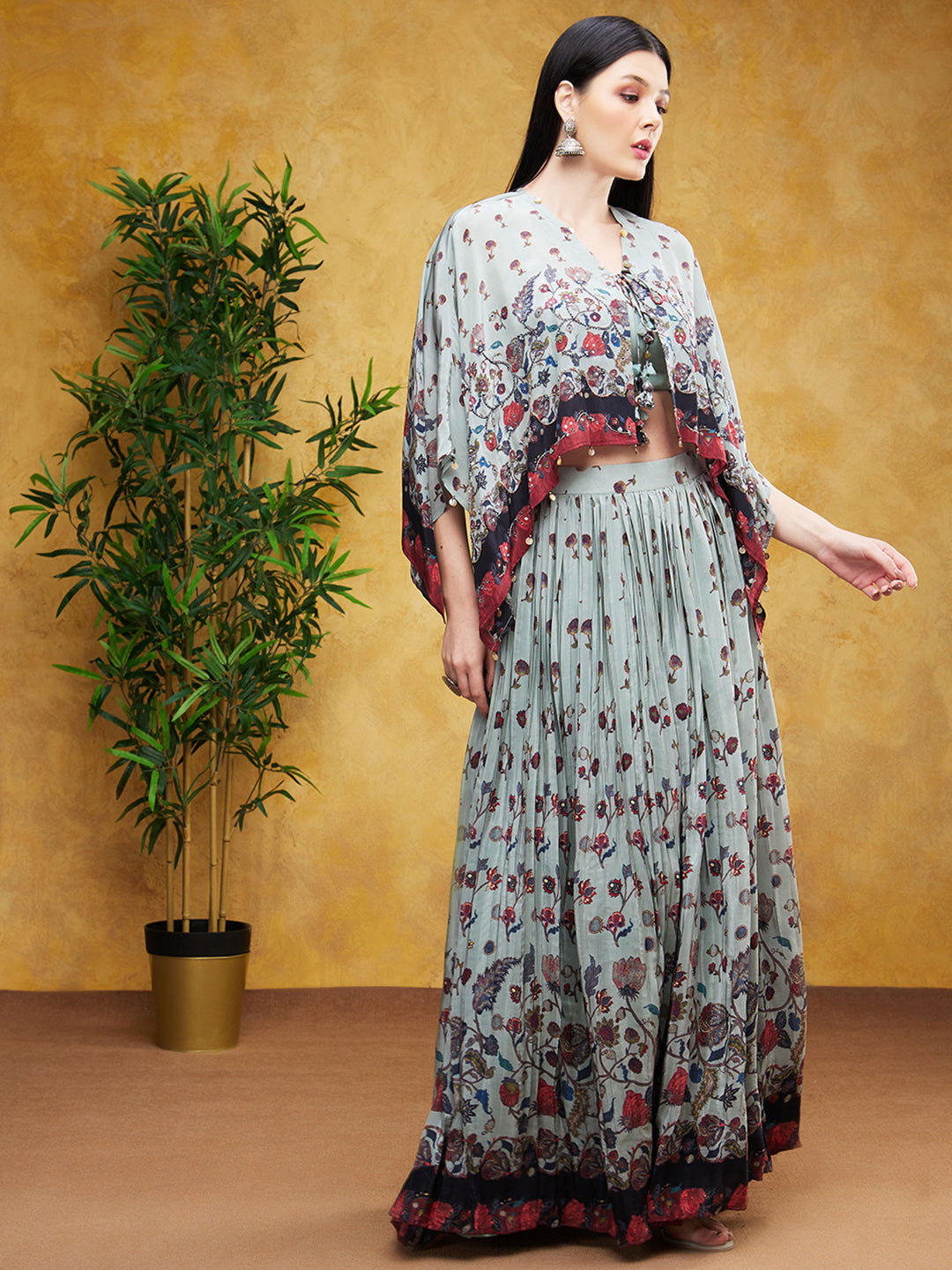 Slate Grey Digital Printed Premium Silk Skirt Set