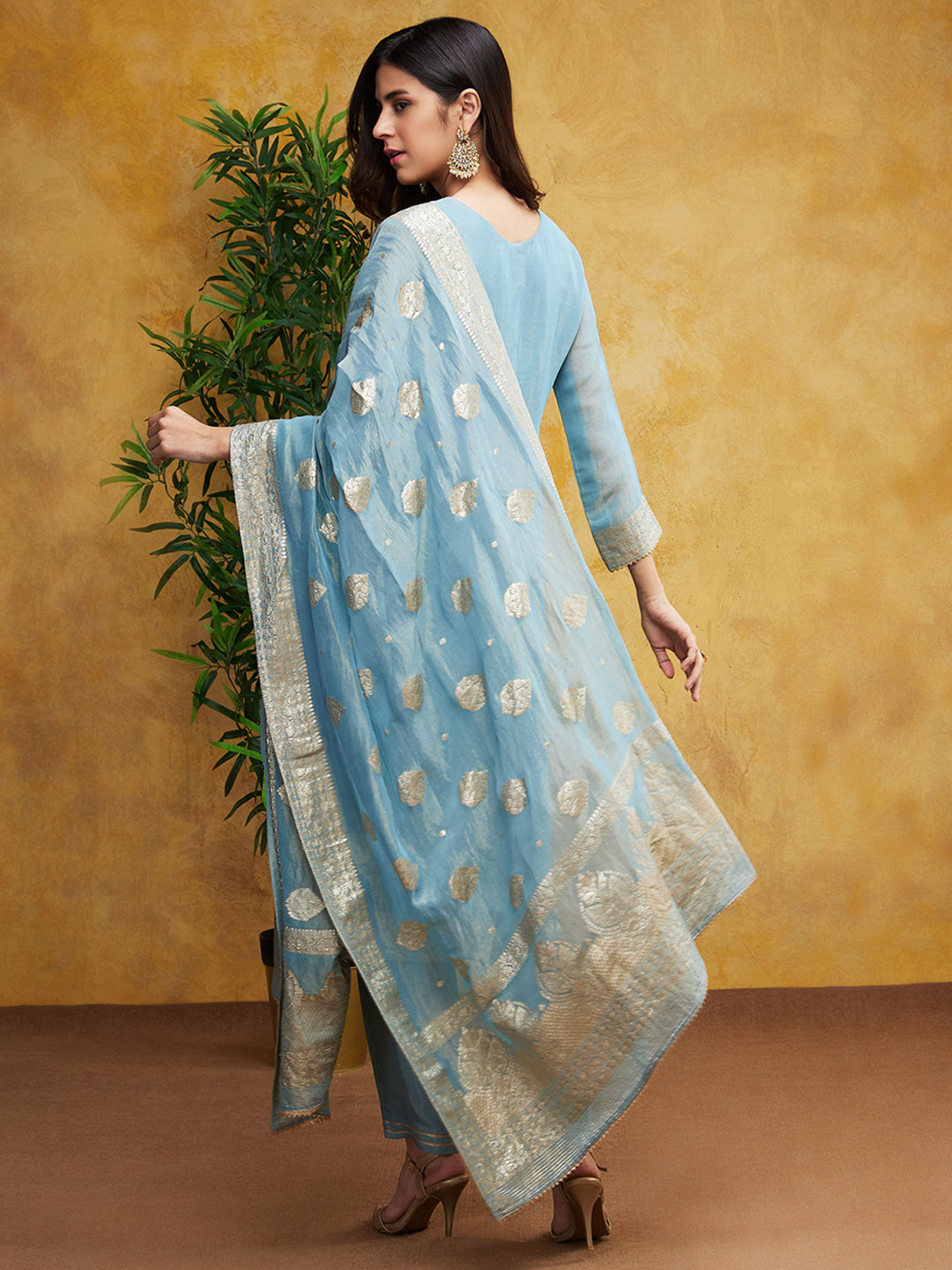Light Blue Embellished Chanderi Silk Pants Set