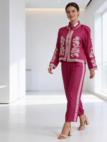 Pink Embroidered Premium Raw Silk Co-Ord Set