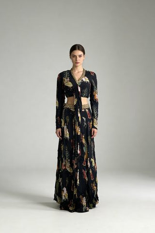Elegant Black Embellished Chinon Silk Skirt Set
