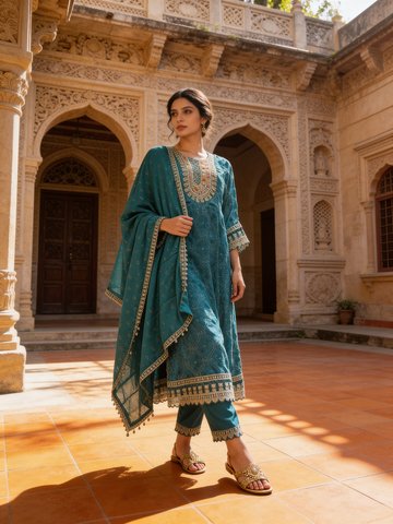Teal Embellished Soft Organza Silk Kurta Set