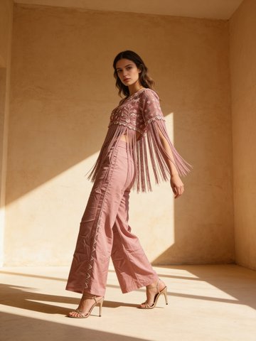 Dusty Pink Embellished Crepe Silk Palazzo Set