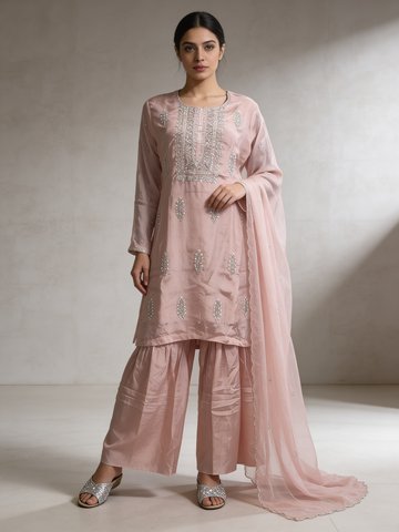 Pastel Pink Embellished Chinon Silk Sharara Set