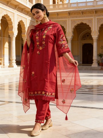 Rani Pink Embroidered Crepe Silk Pant Set