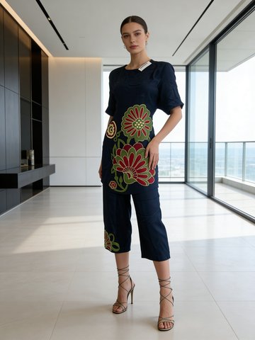 Navy Blue Embroidered Raw Silk Co-Ord Set