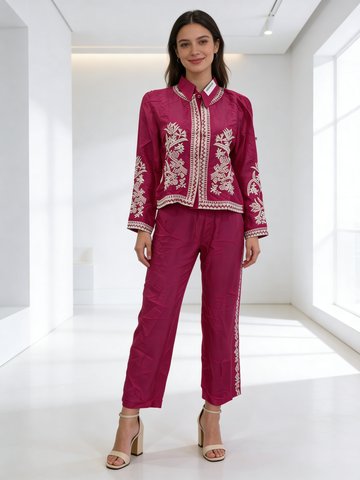 Pink Embroidered Premium Raw Silk Co-Ord Set
