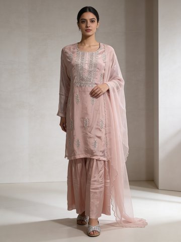 Pastel Pink Embellished Chinon Silk Sharara Set