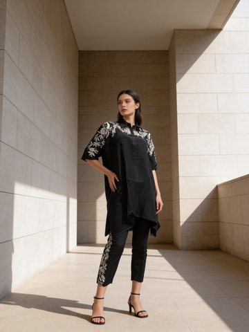 Classic Black Embroidered Satin Silk Co-Ord Set