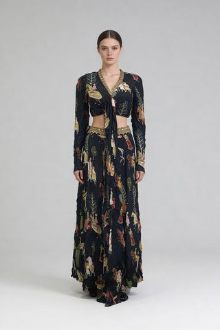 Elegant Black Embellished Chinon Silk Skirt Set