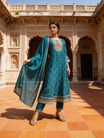 Teal Embellished Soft Organza Silk Kurta Set