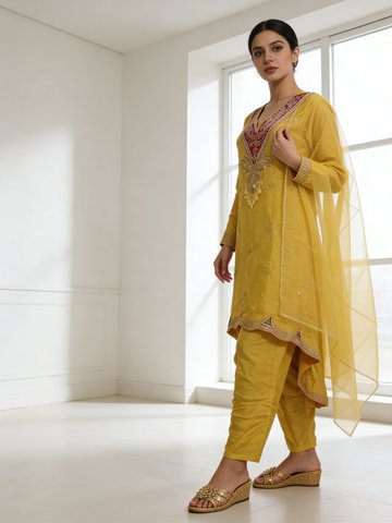 Amber Yellow Embellished Raw Silk Pant Set