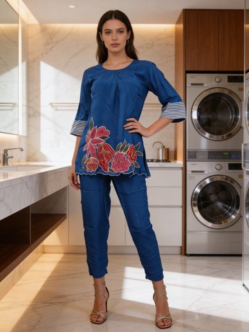 Royal Blue Embroidered Raw Silk Co-Ord Set