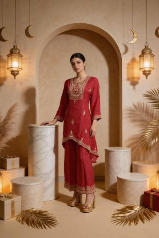 Rani Pink Embellished Georgette Silk Palazzo Set