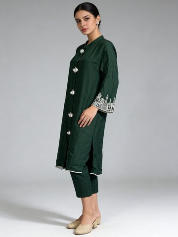 Deep Green Embroidered Raw Silk Kurta Set