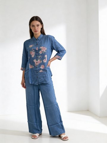 Denim Blue Printed Premium Raw Silk Co-Ord Set