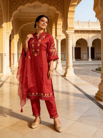 Rani Pink Embroidered Crepe Silk Pant Set