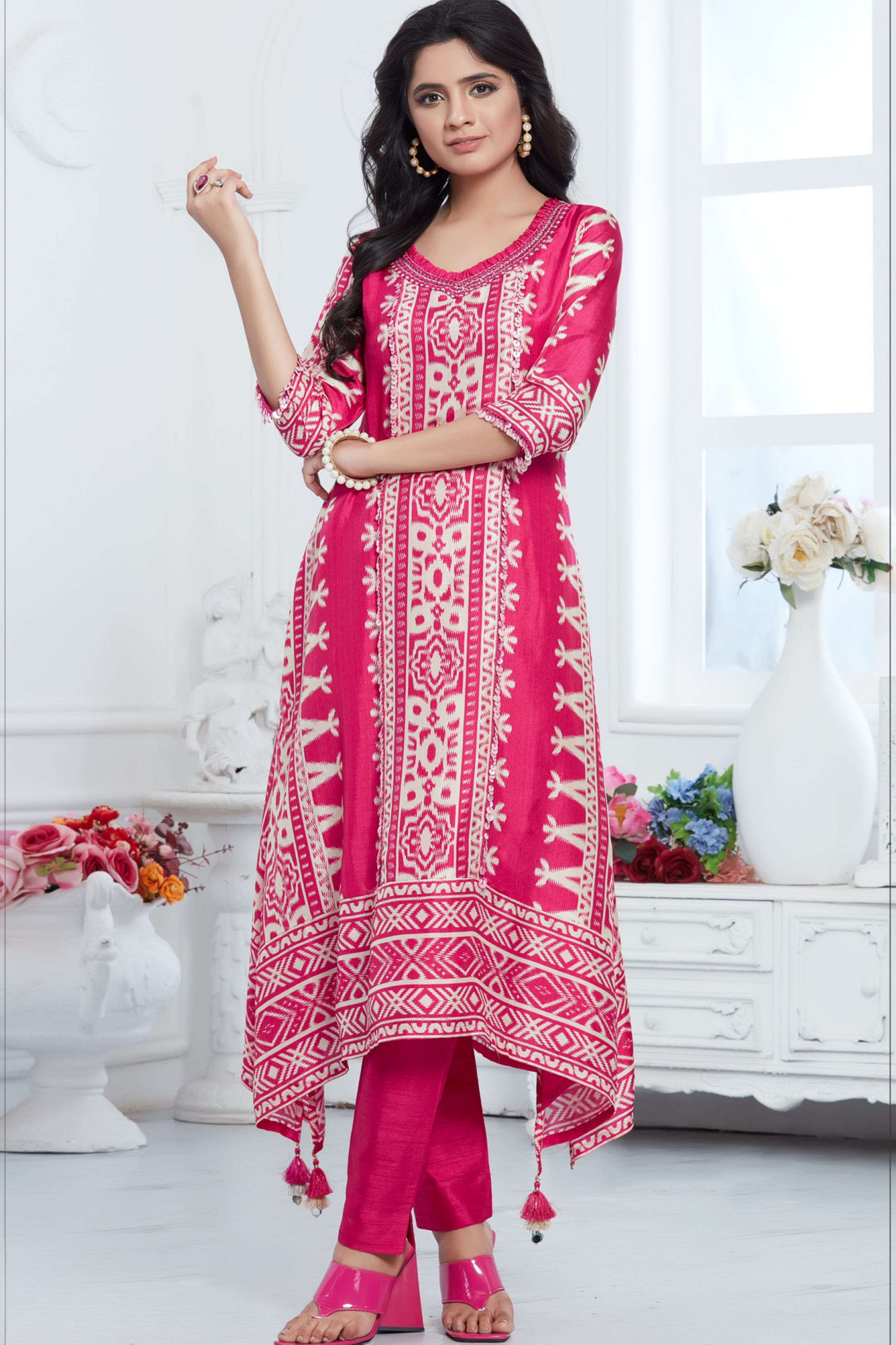 Pink Ethnic Printed Muslin Silk Kurta