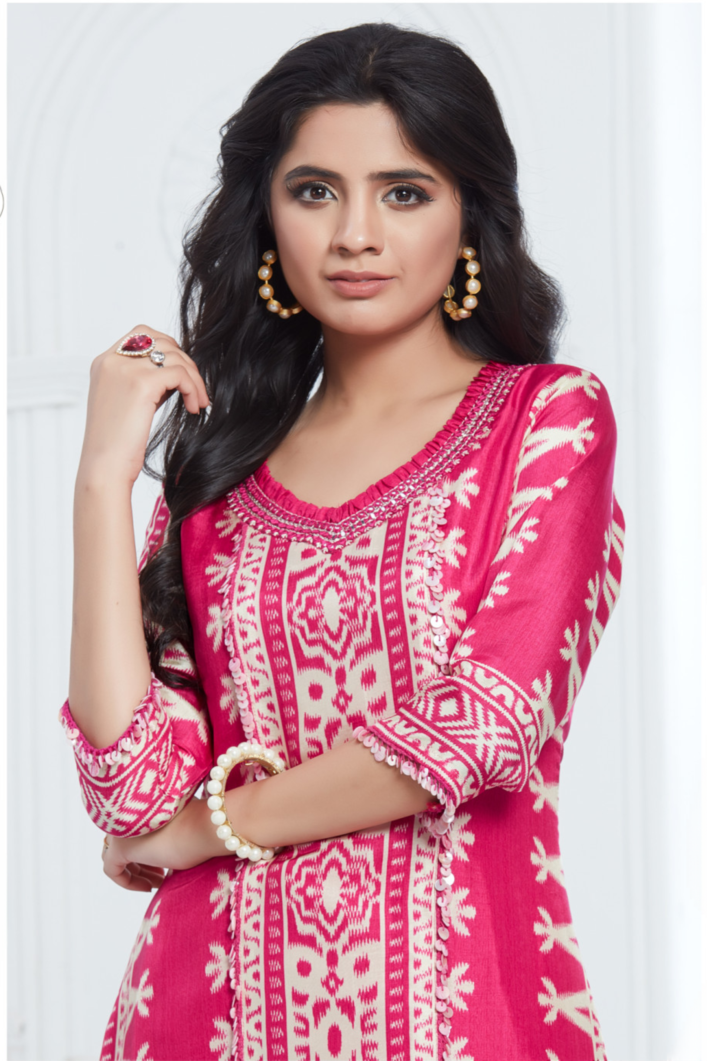 Pink Ethnic Printed Muslin Silk Kurta