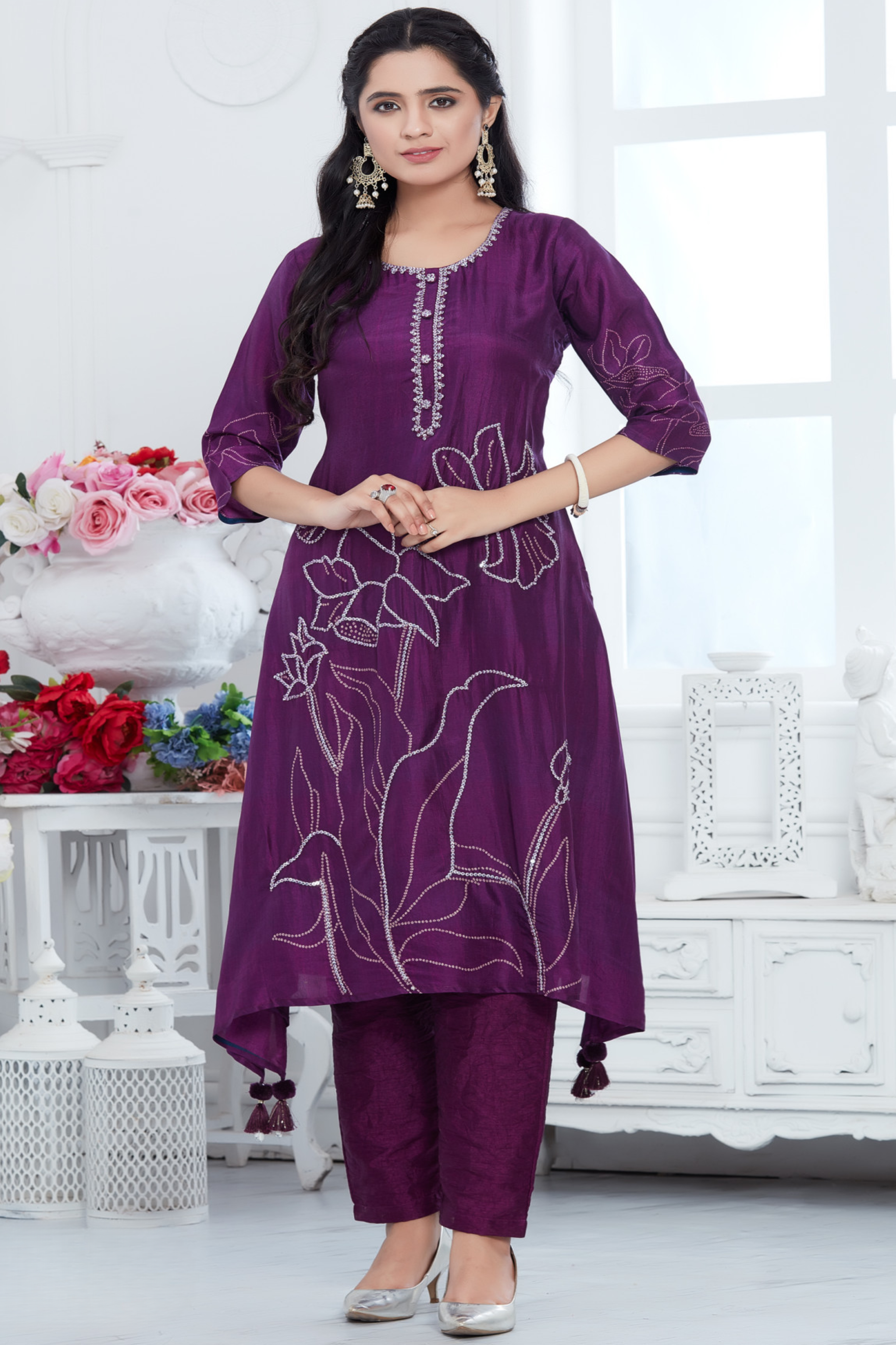 Purple Embellished Muslin Silk Kurta