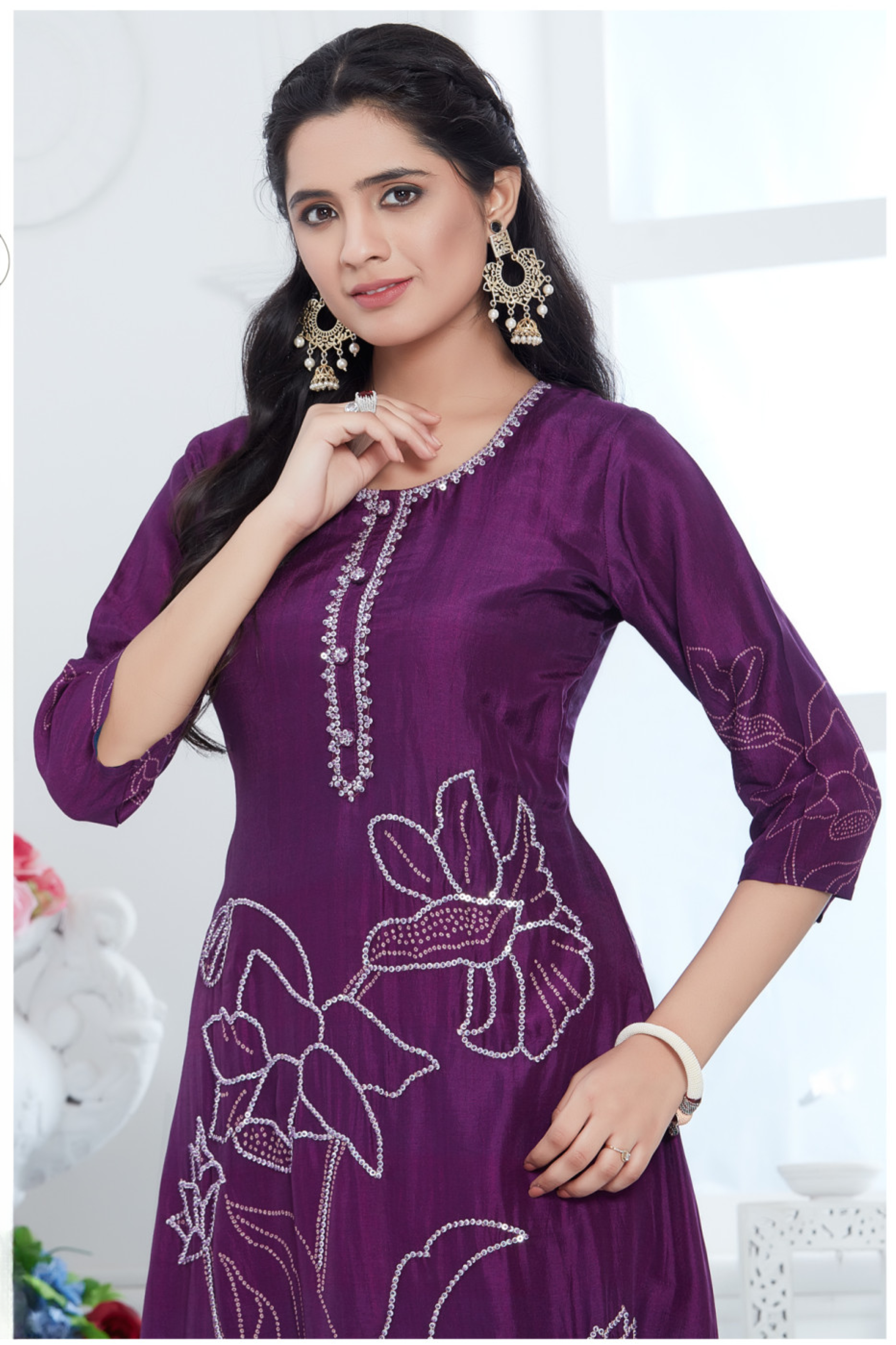 Purple Embellished Muslin Silk Kurta