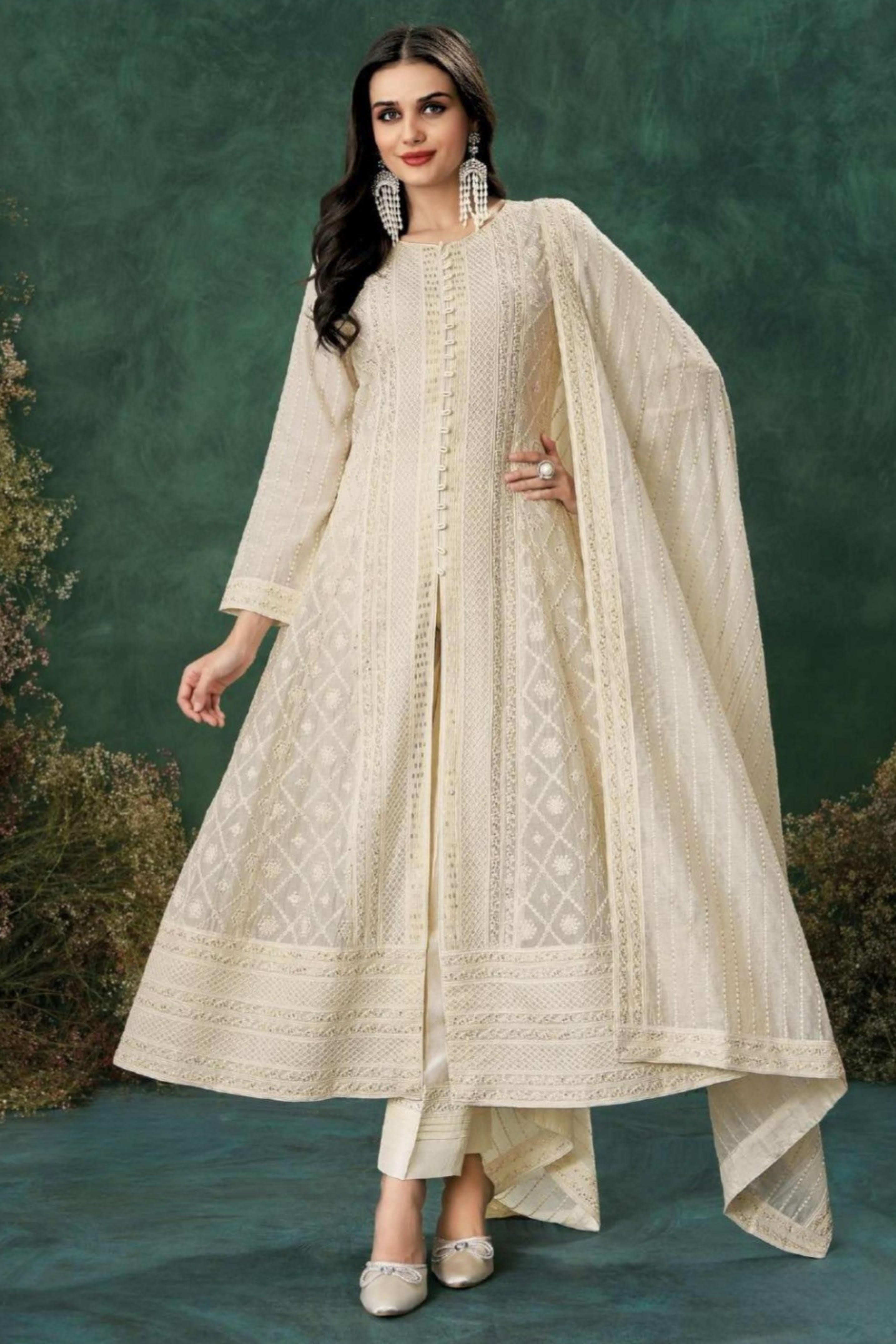Silk Ivory Embroidered Chanderi Silk Anarkali Set