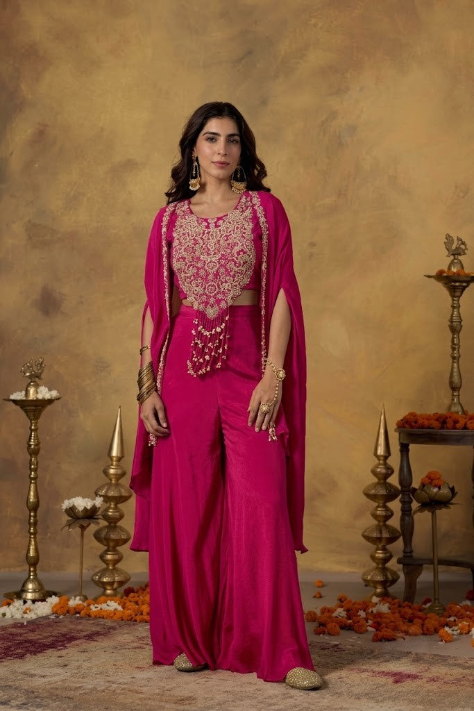 Rani Pink Embellished Chinon Silk Palazzo Set